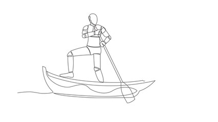 Poster - Self drawing animation of single line draw robot sailing away on boat with pile of dollar coins. Criminal stole coin from bank. Robotic artificial intelligence. Continuous line. Full length animated