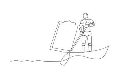 Poster - Animated self drawing of continuous line draw robot sailing away on boat with clipboard. Shipping documents. Future technology development. Artificial intelligence. Full length one line animation