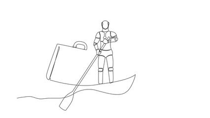 Poster - Self drawing animation of single line draw of robot sailing away on boat with briefcase. Take break from busy factory operation. Robotic artificial intelligence. Continuous line. Full length animated