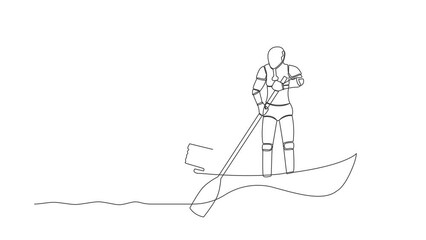 Poster - Animated self drawing of continuous line draw robot sailing away on boat with light bulb. Vision and innovation in tech company. Humanoid robot cybernetic organism. Full length single line animation