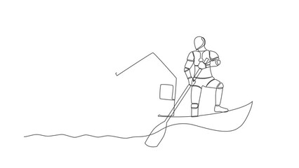 Poster - Animated self drawing of continuous line draw of robot sailing away on boat with house miniature. Online search for housing on internet. Smart genius intelligence . Full length single line animation