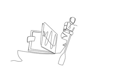 Poster - Animated self drawing of continuous line draw robot sailing away on boat with wallet. Problem in tech company due to economic crisis. Humanoid cybernetic organism. Full length single line animation