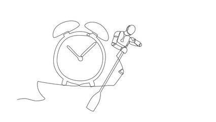 Poster - Self drawing animation of single line draw robot sailing away on boat with alarm clock. Time management in tech deadline. Robotic artificial intelligence. Continuous line draw. Full length animated