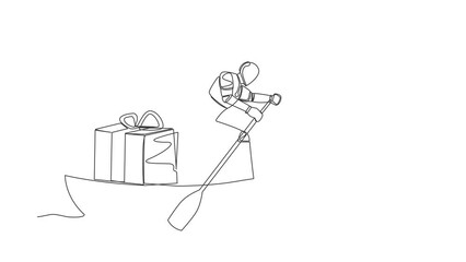 Poster - Animated self drawing of continuous line draw robot sailing away on boat with gift box. Prizes for outstanding tech processing. Technology. Artificial intelligence. Full length one line animation
