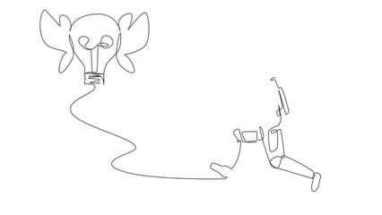 Poster - Self drawing animation of single one line draw astronaut chasing flying light bulb in moon surface. Searching new invention in space. Cosmonaut deep space. Continuous line draw. Full length animated