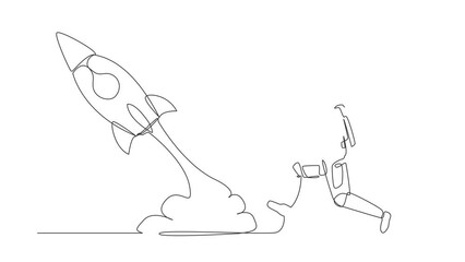 Poster - Animated self drawing of continuous one line draw astronaut run chasing rocket take off in moon surface. Left behind departure back to earth. Cosmonaut outer space. Full length single line animation