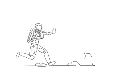 Poster - Self drawing animation of single line draw young astronaut chase clock time in moon surface. Time management in space exploration. Cosmonaut deep space concept. Continuous line. Full length animated