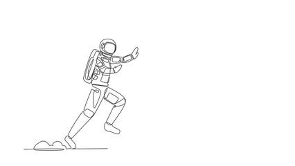Poster - Self drawing animation of single line draw astronaut run chase cup in moon surface. Enjoying black coffee while relaxing in space. Cosmonaut deep space concept. Continuous line. Full length animated