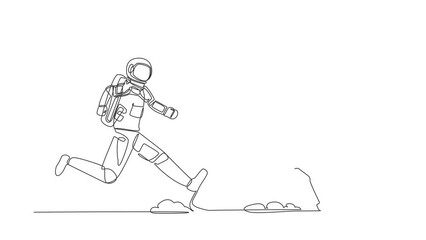 Poster - Animated self drawing of continuous line draw of astronaut run chasing wallet in moon surface. Digital wallet managed by technology. Cosmonaut outer space concept. Full length single line animation