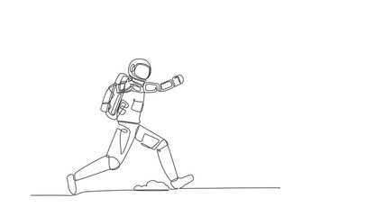 Poster - Animated self drawing of continuous line draw astronaut chasing dollar symbol in moon surface. Investment in space technology development. Cosmic galaxy space concept. Full length one line animation