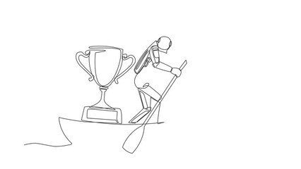 Poster - Animated self drawing of continuous line draw young astronaut sailing away on boat with trophy. Victory and rewards for space exploration missions. Cosmonaut deep space. Full length one line animation