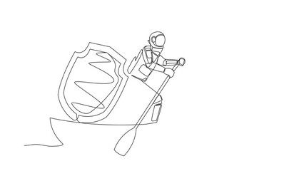 Poster - Self drawing animation of single line draw astronaut sailing away on boat with shield. Security and insurance in spaceship launching. Cosmic galaxy space concept. Continuous line. Full length animated