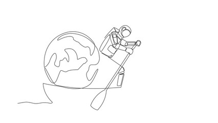 Poster - Animated self drawing of continuous line draw astronaut sailing away on boat with globe. Exploration mission journey across planets. Cosmonaut outer space concept. Full length single line animation