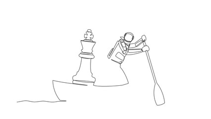 Poster - Self drawing animation of single one line draw astronaut sailing away on boat with chess king. Strategic move to plan space shuttle mission. Galaxy space. Continuous line draw. Full length animated