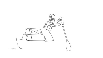 Poster - Animated self drawing of continuous line draw astronaut sailing away on boat with stack of golden bullion. Investment for inter galactic mission. Cosmonaut deep space. Full length one line animation