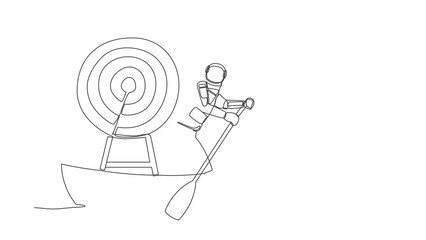 Poster - animated self drawing of continuous line draw astronaut sailing away on boat with dartboard target. 