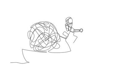 Poster - Self drawing animation of single line draw of astronaut sailing away on boat with messy line. Anxiety when problems occur on space missions. Cosmic galaxy space. Continuous line. Full length animated