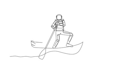 Poster - Animated self drawing of continuous one line draw astronaut sailing away on boat with stack of papers. Manage digital document in company. Cosmonaut outer space. Full length single line animation