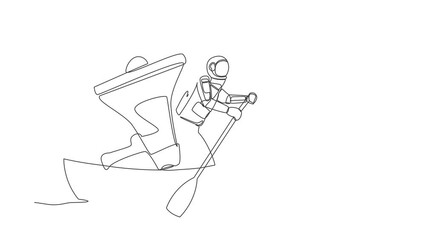Poster - Animated self drawing of continuous line draw young astronaut sailing away on boat with megaphone. Command control room for space mission analysis. Cosmonaut deep space. Full length one line animation