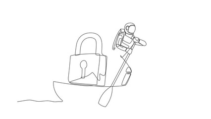 Poster - Self drawing animation of single line draw astronaut sailing away on boat with padlock. Spaceship launch safety and protection. Cosmic galaxy space concept. Continuous line draw. Full length animated