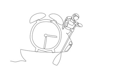 Poster - Animated self drawing of continuous line draw of astronaut sailing away on boat with alarm clock. Time management in launch spaceship mission. Cosmonaut outer space. Full length single line animation