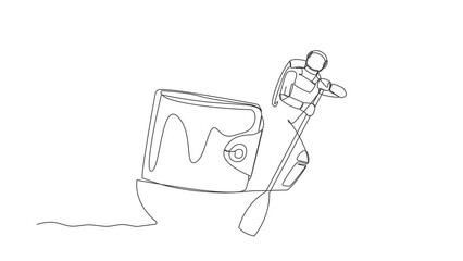 Poster - Self drawing animation of single line draw young astronaut sailing away on boat with purse. Money management in spaceship company. Cosmic galaxy space concept. Continuous line. Full length animated