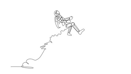 Poster - Animated self drawing of continuous line draw of astronaut riding gear rocket flying in moon surface. Problem solving mechanisms in space company. Cosmonaut deep space. Full length one line animation