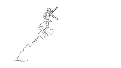 Poster - Animated self drawing of continuous line draw astronaut riding sphere globe rocket flying in moon surface. Global spaceship business expansion. Cosmonaut outer space. Full length single line animation
