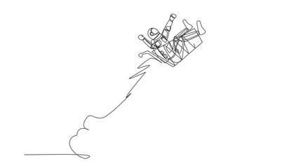 Poster - Animated self drawing of continuous line draw astronaut riding shopping trolley rocket flying in moon. Shop necessities for space exploration. Cosmonaut deep space. Full length one line animation