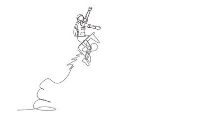 Poster - self drawing animation of single one line draw astronaut riding padlock rocket flying in moon surfac