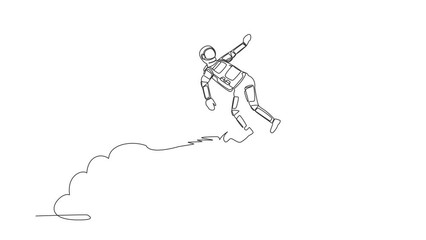 Poster - Animated self drawing of continuous line draw astronaut riding surfing board rocket flying in moon surface. Exploration between planets in space. Cosmonaut space. Full length single line animation