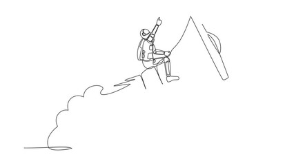Poster - Self drawing animation of single line draw astronaut riding megaphone rocket flying in moon surface. Communication skills in intergalactic. Cosmic galaxy space. Continuous line. Full length animated