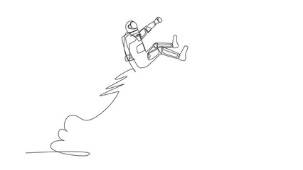 Poster - Animated self drawing of continuous line draw astronaut riding chair rocket flying in moon surface. Human resource in aerospace companies. Cosmonaut outer space. Full length single line animation