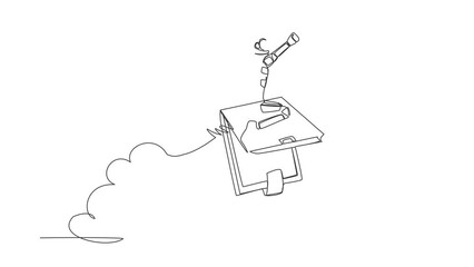 Poster - Animated self drawing of continuous line draw young astronaut riding wallet rocket flying in moon surface. Financial planning at space company. Cosmonaut deep space. Full length one line animation