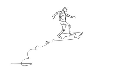 Poster - Self drawing animation of single line draw astronaut riding clipboard rocket flying in moon surface. Analyze data of space exploration. Cosmic galaxy space. Continuous line draw. Full length animated