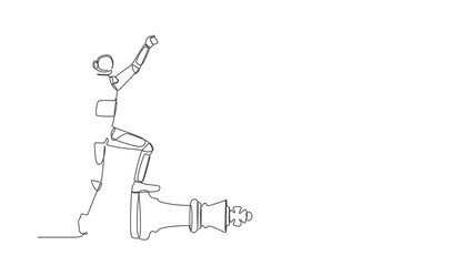 Poster - Animated self drawing of continuous line draw astronaut clench fist up step on chess king in moon surface. Spaceship pilot victory symbol. Cosmonaut outer space. Full length single line animation