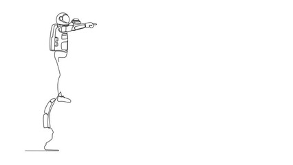Poster - Self drawing animation of single line draw astronaut on top big horse chess piece using binocular. Looking for new expedition. Cosmic galaxy space concept. Continuous line draw. Full length animated