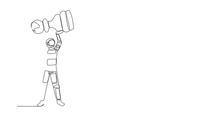 Poster - Animated self drawing of continuous line draw astronaut standing lifting up pawn chess piece. Celebrating small victories to achieve victories. Cosmonaut outer space. Full length single line animation