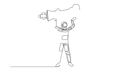 Poster - Self drawing animation of single line draw astronaut standing lifting up king chess piece. Supremacy and victory in outer space. Cosmic galaxy space concept. Continuous line draw. Full length animated