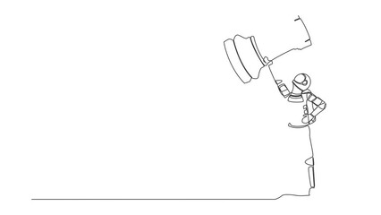 Poster - animated self drawing of single continuous line draw young astronaut standing and lifting up rook ch