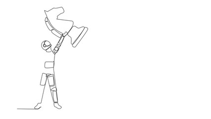 Poster - Animated self drawing of continuous line draw astronaut lifting up horse knight chess piece in moon surface. Space company tactics and strategies. Cosmonaut deep space. Full length one line animation