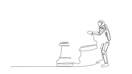 Poster - Animated self drawing of continuous line draw astronaut holding pawn chess piece to beat king chess. Struggle for influence of space business. Cosmonaut outer space. Full length single line animation