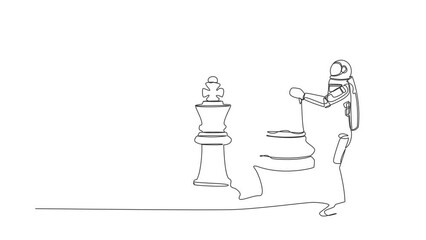 Poster - self drawing animation of single line draw astronaut holding rook chess piece to beat king. power to