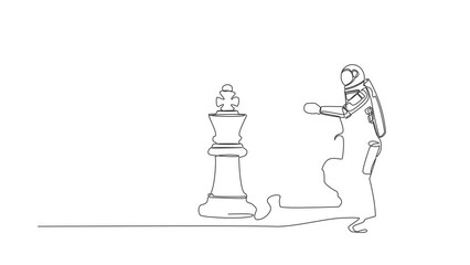 Poster - Animated self drawing of continuous line draw young astronaut holding horse knight chess piece to beat king chess. Space business victory step. Cosmonaut deep space. Full length one line animation