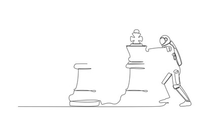 Poster - Animated self drawing of continuous line draw astronaut push king chess piece to take down the other king. Symbol of strongest aerospace company. Cosmonaut deep space. Full length one line animation