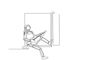 Poster - Animated self drawing of continuous line draw astronaut sitting on windowsill playing guitar, sing song in moon. Relaxation, comfort, romantic. Cosmonaut deep space. Full length one line animation