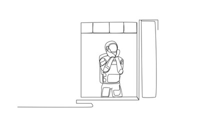 Poster - Self drawing animation of single line draw astronaut sadly with support the chin near window. Pandemic impact in space business. Cosmic galaxy space concept. Continuous line draw. Full length animated