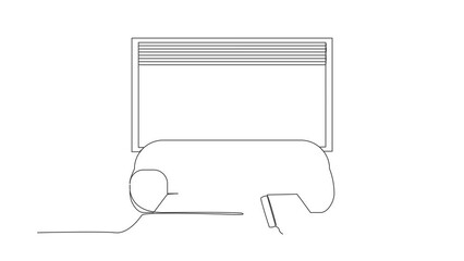 Poster - Animated self drawing of continuous line draw astronaut lying on sofa near windowsill at home in moon. Spending time, relaxing after work. Cosmonaut outer space. Full length single line animation