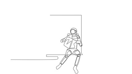 Poster - Self drawing animation of single line draw young astronaut sitting on windowsill and reads newspaper. Cozy balcony in moon surface. Cosmic galaxy space concept. Continuous line. Full length animated