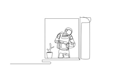 Poster - Animated self drawing of continuous line draw young astronaut with houseplant holding cat and looking through window in moon surface. Cosmonaut outer space concept. Full length single line animation